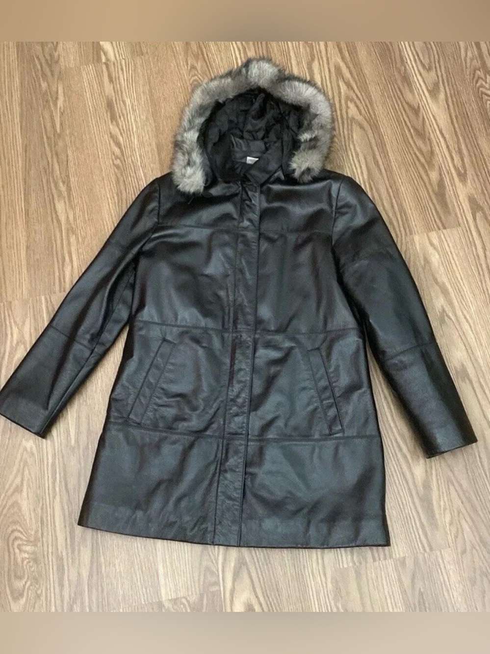 Kim Rogers Women S Black Genuine Leather Jacket Quilted Lined Faux Fur Trim Hood
